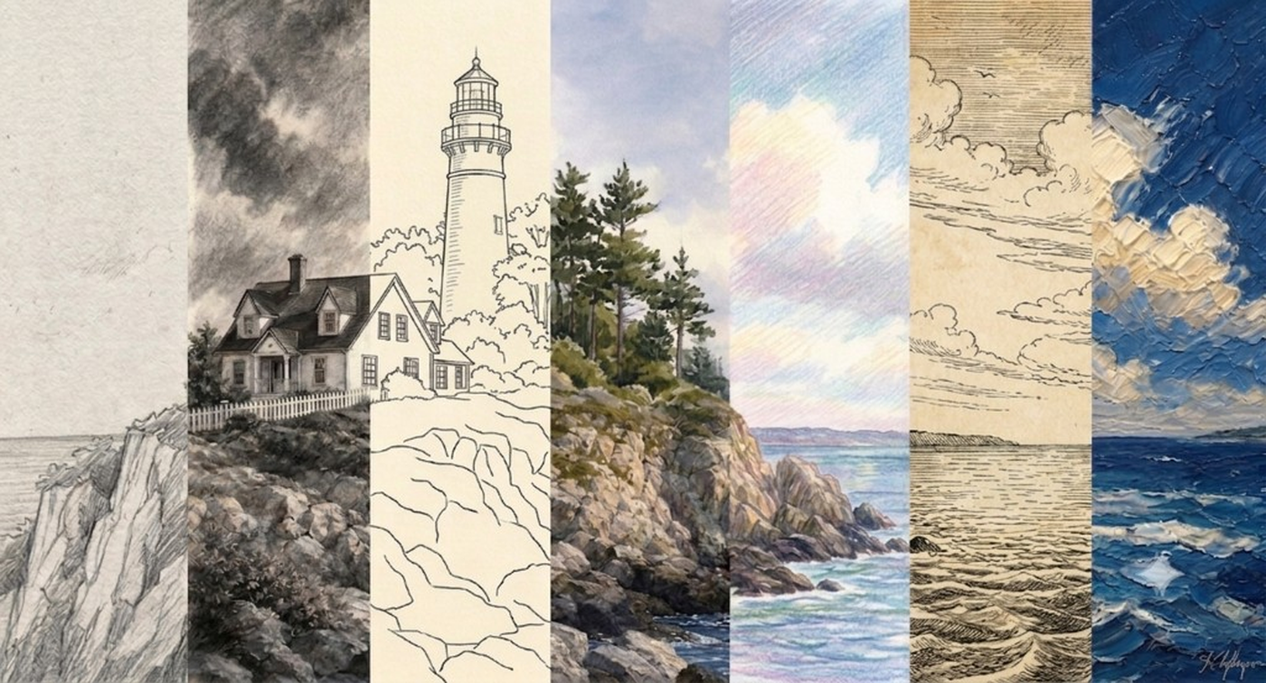 Coastal lighthouse scene in seven art styles — sketch, charcoal, ink, watercolour, pastel, engraving, and oil painting